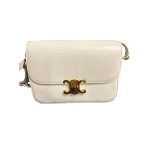 Celine Triomphe White Leather Shoulder Bag With Gold Hardware